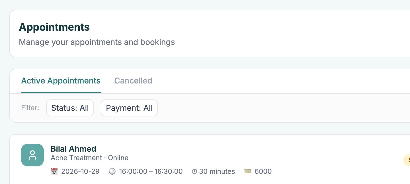 ProDerm appointments in the dashboard