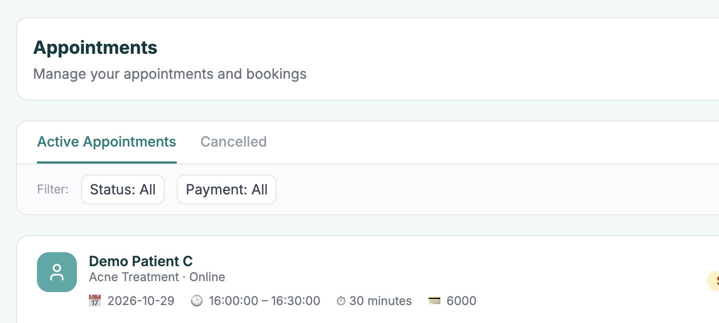 ProDerm appointments in the dashboard