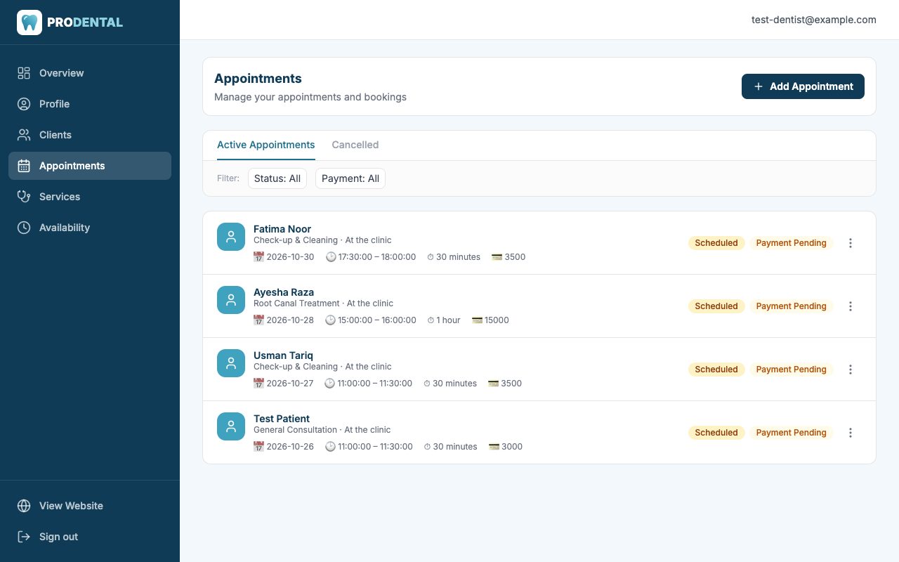 The ProDental appointments list for a dentist