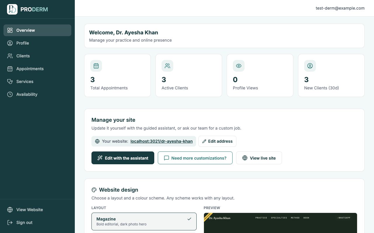 The ProDerm dashboard overview for a dermatologist