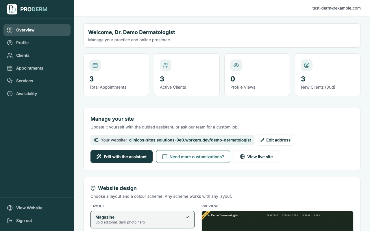 The ProDerm dashboard overview for a dermatologist